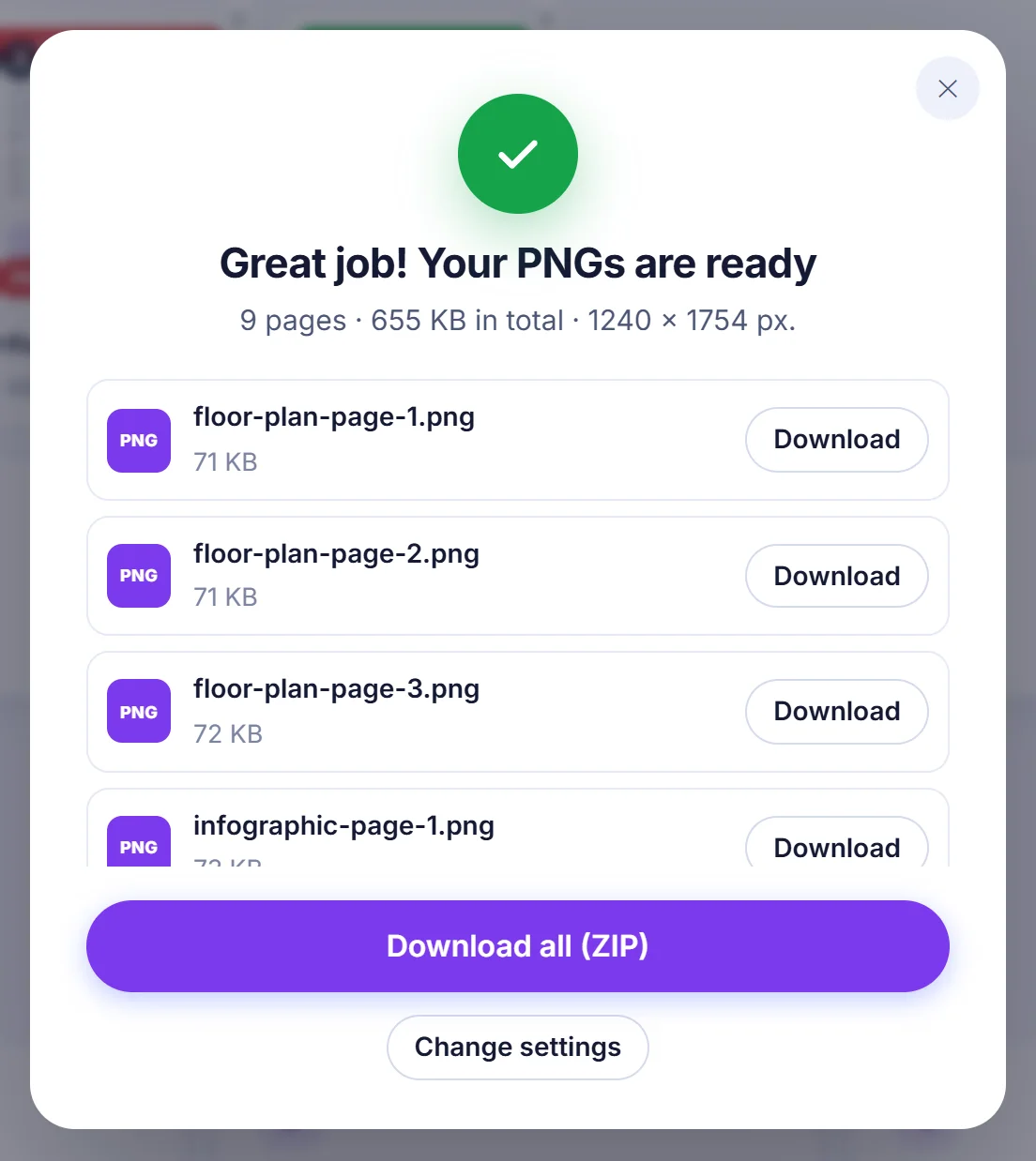 Result window reading Great job! Your PNGs are ready, listing floor-plan-page-1.png to page-3 with Download buttons and a Download all (ZIP) button